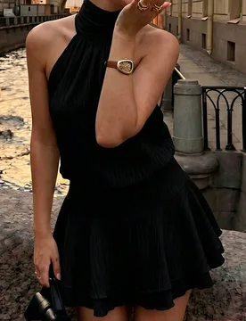 Vestido con lazo en la cintura, tela texturizada con gran moño en la espalda y dobladillo con doble volante L - Shein - FashionsVida
