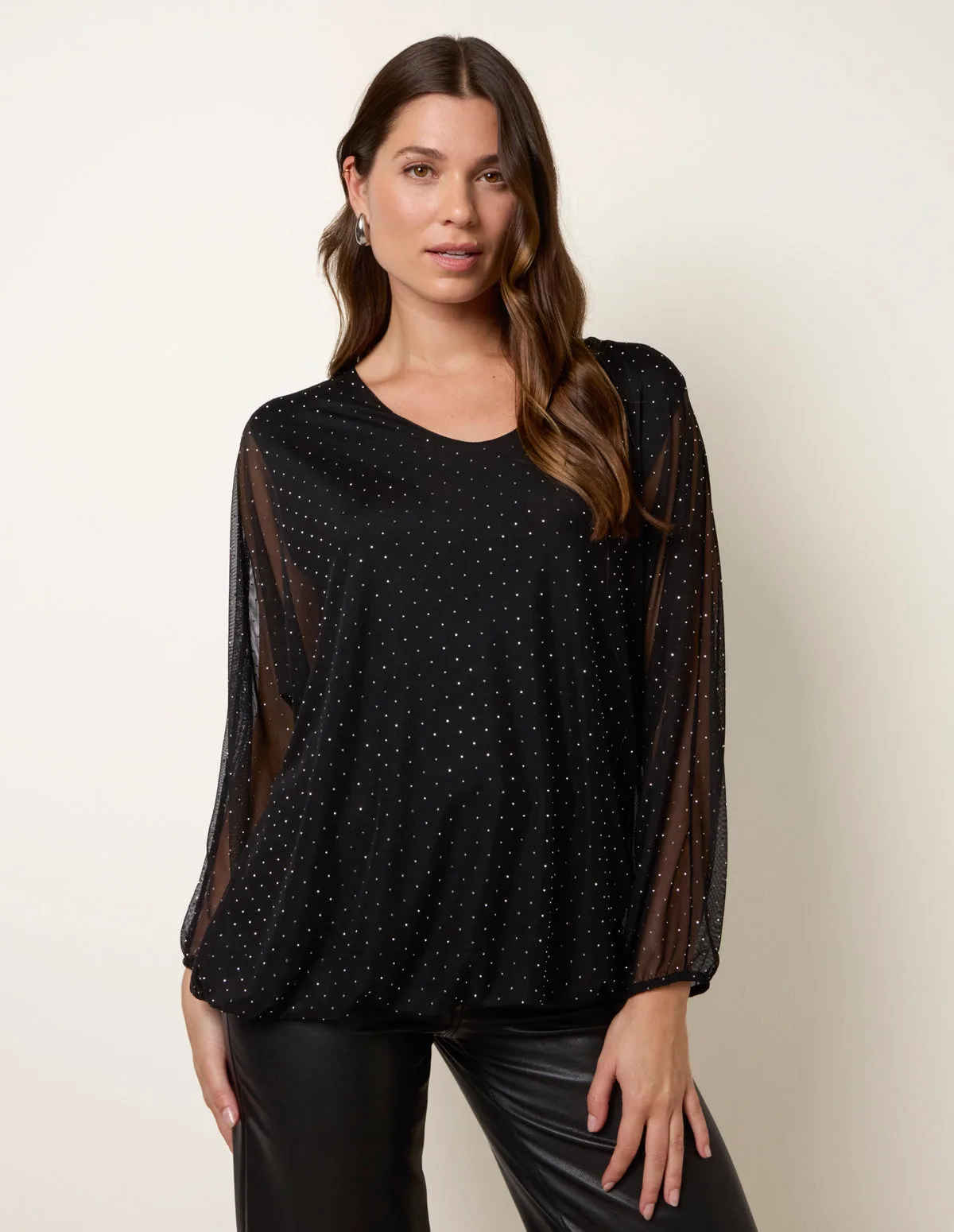 Diamante V Neck Batwing Blouse - ONE / BLACK/SILVER - female - Blue Vanilla - FashionsVida
