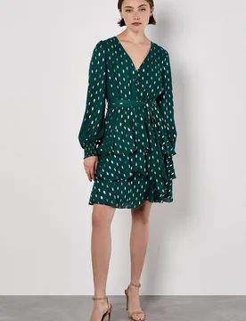 Women's Gold Foil Spot Tiered Mini Dress in Green Size: 8 - Green - Size: 8 - Apricot - FashionsVida