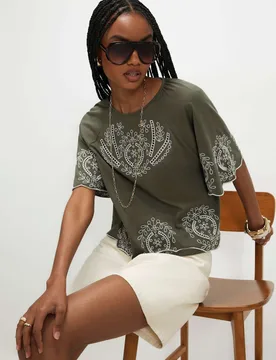 Embroidered Angel Sleeve T-Shirt Khaki Mix female - River Island - FashionsVida