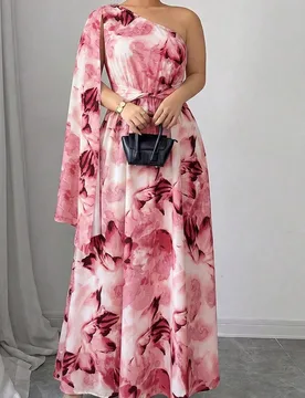 Vestido de línea A con bajo asimétrico talla grande, diseño de flores con efecto tie-dye de mármol, vestido elegante sin mangas para vacaciones pa - Shein - FashionsVida