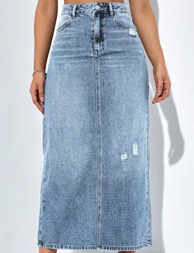 Falda de mezclilla para mujer con cintura alta y rasgaduras en tono sólido XS - Shein - FashionsVida