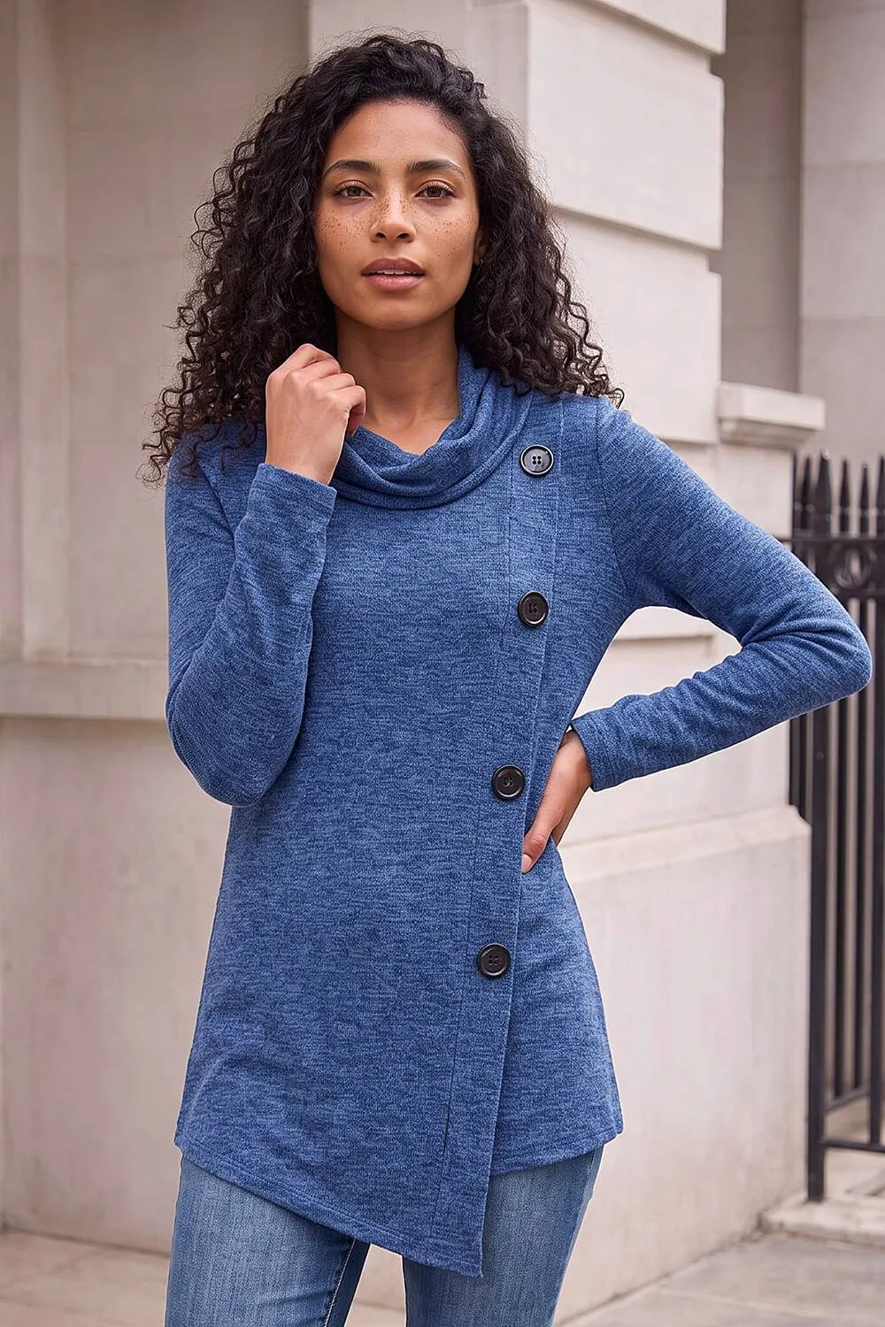 Women's Cowl Neck Button Stretch Top in Blue Size: 14 - Blue - Size: 14 - Roman - FashionsVida