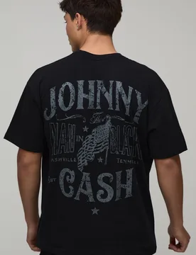 Mens Oversized Johnny Cash License Print T-Shirt - Black Cotton - Size Small - boohooMAN - FashionsVida