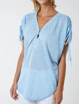 Front Zipper Shoulder Drawstring Top - S/M / BLUE - female - Blue Vanilla - FashionsVida