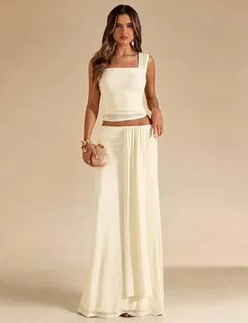 Conjunto de 2 piezas con top bandeau fruncido color albaricoque y falda maxi fluida de cintura baja, atuendo elegante de verano para playa, vacaciones - Shein - FashionsVida