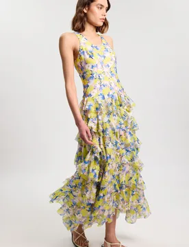 Womens Floral Crinkle Georgette Ruffle Detail Woven Maxi Dress Lyocell - Size 12 Uk - Karen millen - FashionsVida