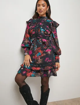Womens Petite Ruched Bodice Trim Detail Mini Dress - Floral - Size 10 Uk - OASIS - FashionsVida
