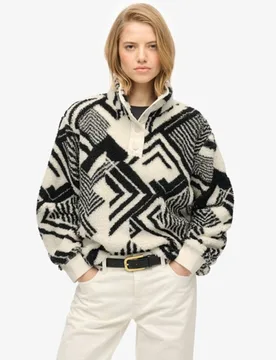 Superdry Damen Bedruckter Superweicher Teddyfleece Henley Pullover, Schwarz & Creme, Größe: 42 - 94.99 - FashionsVida