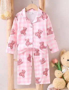 Set de 2 piezas de ropa de estar en casa informal para niña con estampado de oso, que incluye cárdigan de manga larga y pantalones - Shein - FashionsVida