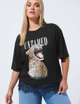 Women's 'Untamed' Leopard Print Lace Hem T-Shirt in Black Size: 10 - Black - Size: 10 - Yours - FashionsVida