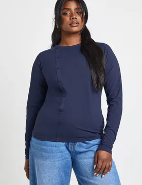 Womens Plus One Side Button Down Long Sleeve Top - Navy Cotton - Size 26 Uk - Boohoo - FashionsVida
