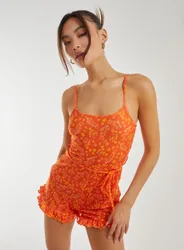 Womens Floral Print Frill Hem Playsuit - Orange - Size 8 Uk
