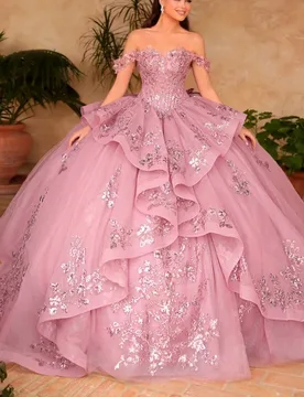 Pink Shiny Quinceanera Dresses Ball Gown Off The Shoulder Applique Lace Beads Bow Tull Sweet 16 Dress Vestidos 15 De Anos - Aliexpress - FashionsVida