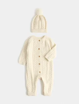 Piece Cable Knit All-In-One with Hat (7lbs - 12 Mths) Light Cream unisex - M&S - FashionsVida