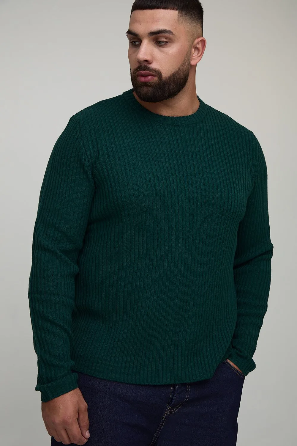 Mens Plus Basic Regular Fit Ribbed Knitted Jumper - Forest Green - Size 2xl - boohooMAN - FashionsVida
