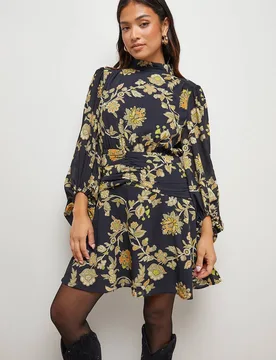 Women's Petite High Neck Gathered Waist Balloon Sleeve Mini Dress in Black Size: 8 - Black - Size: 8 - OASIS - FashionsVida