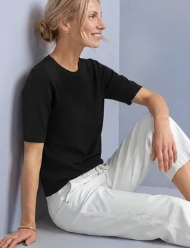 Kurzarm Pullover mit Rundhals in Unifarbe female Schwarz - Street One - FashionsVida