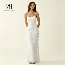 White off-the-shoulder sleeveless fish tail floor-length formal evening dress with sequins showing the back