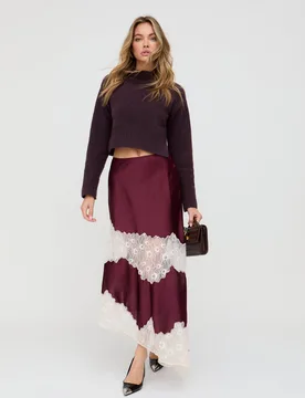 Elenor Lace Insert Midi Skirt In Burgundy - 8 - Lily and Lionel London Limited - FashionsVida