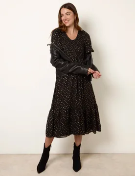 Gold Foil Midi Dress - 6/8 / BLACK PATTERN - female - Blue Vanilla - FashionsVida