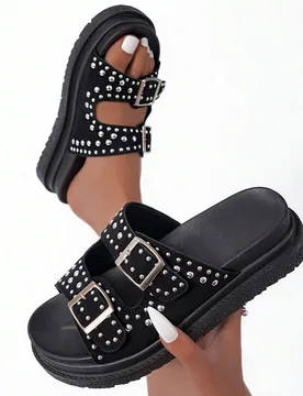 Sandalias planas casuales para uso diario de mujer con suela gruesa, hebilla de metal, cristales de rinoceronte y remaches, para uso en la playa y en - Shein - FashionsVida