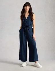 Pure Linen V-Neck Cropped Jumpsuit Navy female