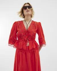 Womens Blouse Red Long Sleeve Cutwork V-Neck Cotton - Size 10 Uk