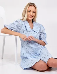 Embroidery Anglaise Puff Sleeve Shirt Dress - 14 / BLUE - female