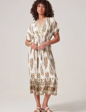 Women's Embellished Printed Midi Dress in White Size: 12 - White - Size: 12 - Klass. - FashionsVida