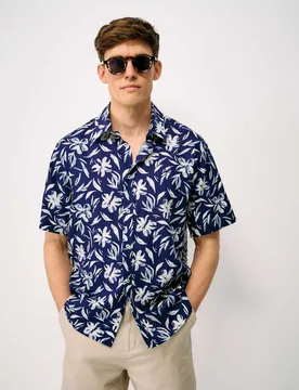 Linen Cotton Blend Floral Short Sleeve Shirt Navy male - Crew Clothing - FashionsVida