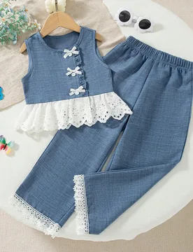Conjunto de 2 piezas para niña: top casual sin mangas de color liso con lazo de volantes y pantalones de pierna recta, primavera/verano, estilo Euro - Shein - FashionsVida