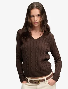 Superdry Damen Wollmix-pullover mit Zopfmuster und V-ausschnitt Brown - Größe: 42 - 64.99 - FashionsVida