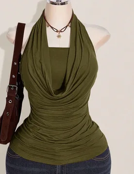 Conjunto de 2 piezas de talla grande para mujer de estilo occidental para salir en verano, top sin espalda con cuello halter en color marrón y camise - Shein - FashionsVida