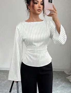 Blusa de manga larga con rayas y pliegues en la espalda para mujer XXS - Shein - FashionsVida