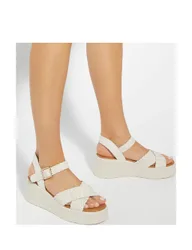 Leather Woven Flatform Wedge Sandals Ecru female