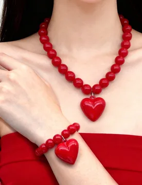 Set de Collar y Pulsera de Joyería con Cuentas en Forma de Corazón Grande de Colores Caramelo, Rojo, Verde, Naranja, Rosa, Burdeos, Negro, Blanco, A - Shein - FashionsVida