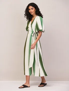 Striped V-Neck Midi Wrap Dress with Linen Green Mix female - RO&ZO - FashionsVida
