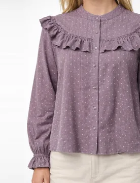 Camisa de manga larga con volantes y lunares de mujer - Pieces - FashionsVida
