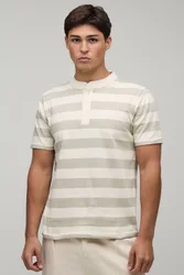 Mens Slim Fit Stripe Henley T-Shirt - Beige Cotton - Size X-Large