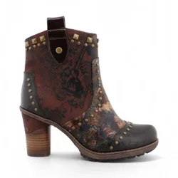 Womens Brown Floral Heeled Ankle Boots - M0162012 Faux Leather - Size Eu 41