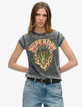 Superdry Damen Schwarz und Gelb Biker Rock T-Shirt mit Grafik, Größe: 40 - 39.99 - FashionsVida