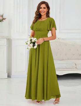Elegante vestido formal verde oliva para mujer con mangas con volantes, cintura fruncida, línea A plisada, vestido de madre de la novia, vestido semi - Shein - FashionsVida