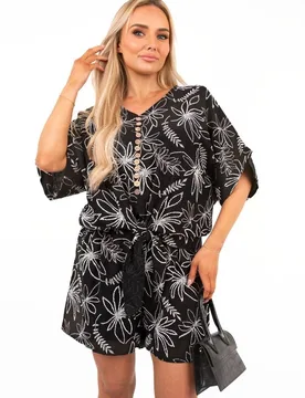 Women's Azaira Button Front Short Sleeve Co-ord Set With Tie Waist in Black Size: Medium/Large - Black - Size: M/L - IKRUSH - FashionsVida