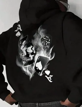 Sudadera con capucha de felpa para hombre, exclusiva de Halloween, súper , moda otoño/invierno, estampado de calavera y cartas de juego, cómoda, co - Shein - FashionsVida