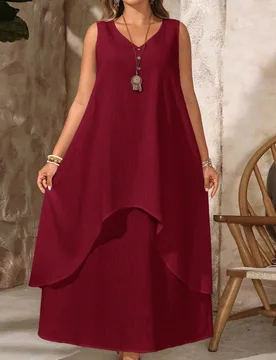 Vestido largo 2 en 1 de mujer talla grande, estilo boho de verano para vacaciones y días festivos, cuello en V, sin mangas, color borgoña, fluido, p - Shein - FashionsVida