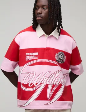 Herren Übergroßes Jungen Kurzarm Applikation Streifen Interlock Rugby Poloshirt Pink Größe Small - boohooMAN - FashionsVida