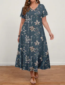 Vestido casual minimalista de manga corta y cuello en V para mujer talla grande, adecuado para el verano 1XL - Shein - FashionsVida