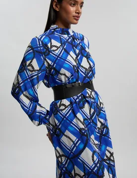 Womens Rope Print Viscose Crepe Balloon Sleeve Maxi Dress With Pu Belt - Blue - Size 10 Uk - Karen millen - FashionsVida