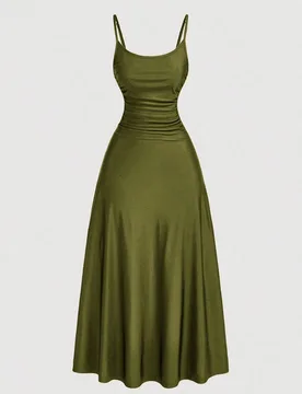 Vestido de tirantes finos con cintura fruncida y dobladillo acampanado en unicolor para mujer talla grande, vestido semiformal, vestido elegante para - Shein - FashionsVida